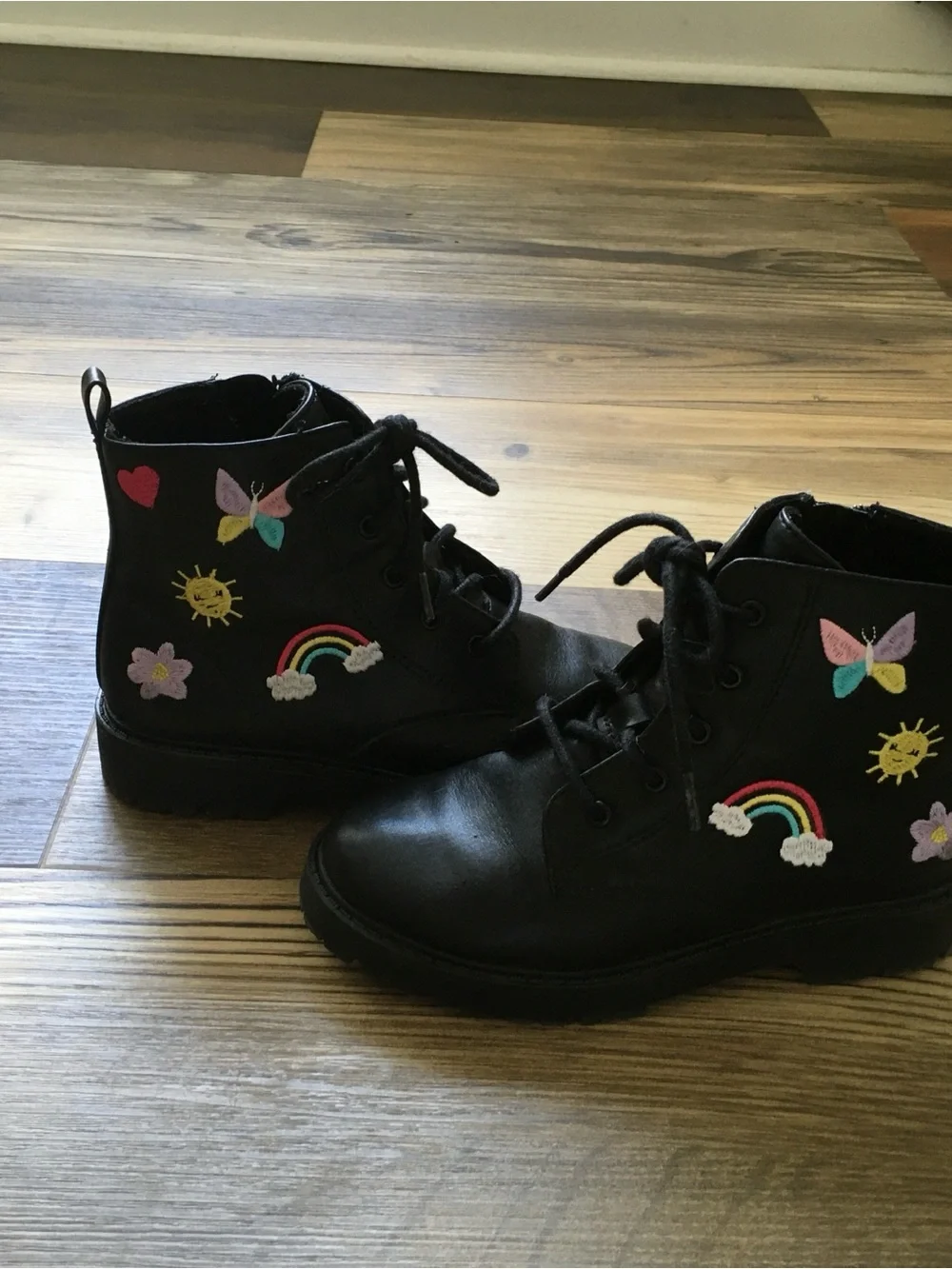 Kids Wonder Nation Black Combat Boots with Embroidered Accents